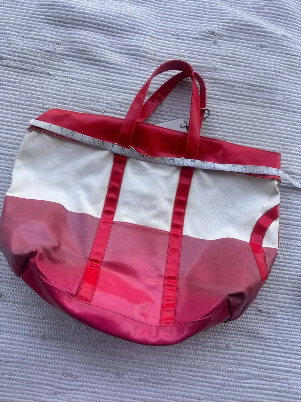 Tory Burch Ella Tote Red Canvas Beach Travel Bag Large Fair Condition